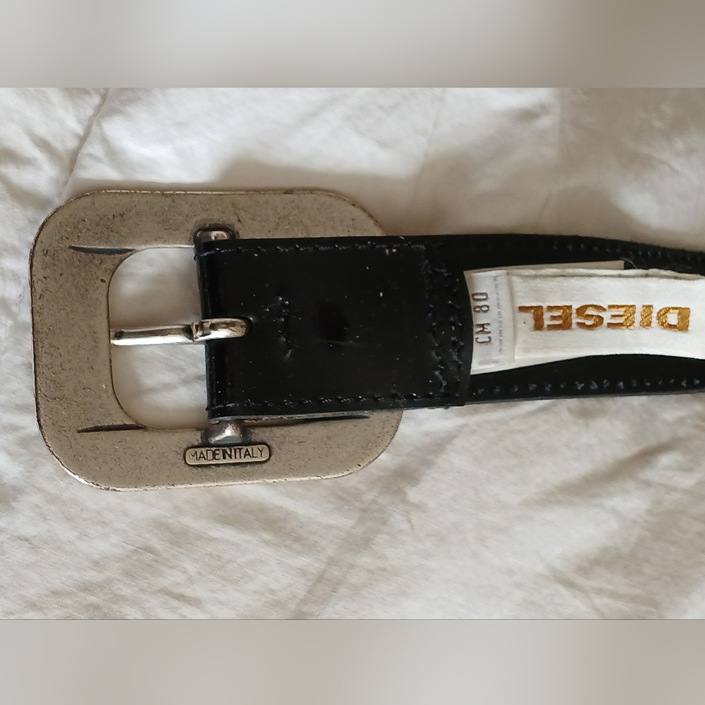 Diesel Black Patent Leather Belt W/ Large Metal Buckle - Picture 2 of 9
